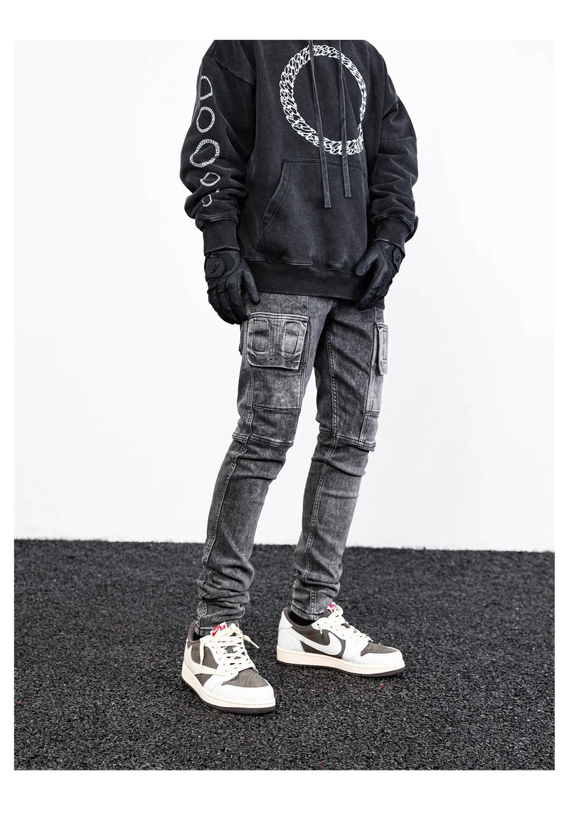 side pocket denim retro jeans mens biker zipper jean trousers hip hop fashion high street slim fit pants joggers y2k men s jeans unique joggers style 2945
