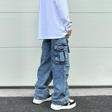 fashion loose streetwear cargo denim jeans unisex casual multi pocket wide legs jean pants hip hop joggers mens baggy jeans unique joggers style 2966