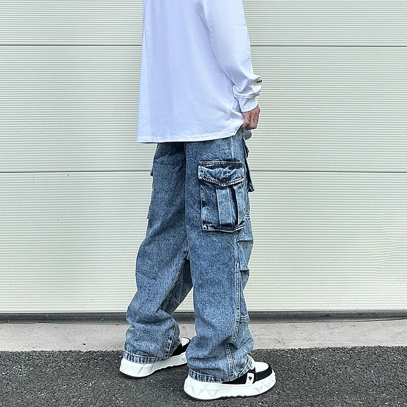 fashion loose streetwear cargo denim jeans unisex casual multi pocket wide legs jean pants hip hop joggers mens baggy jeans unique joggers style 2966