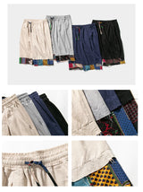 mens summer thin linen shorts loose straight mens pants japanese patchwork wind over the knee beach pants unique shorts style 3252