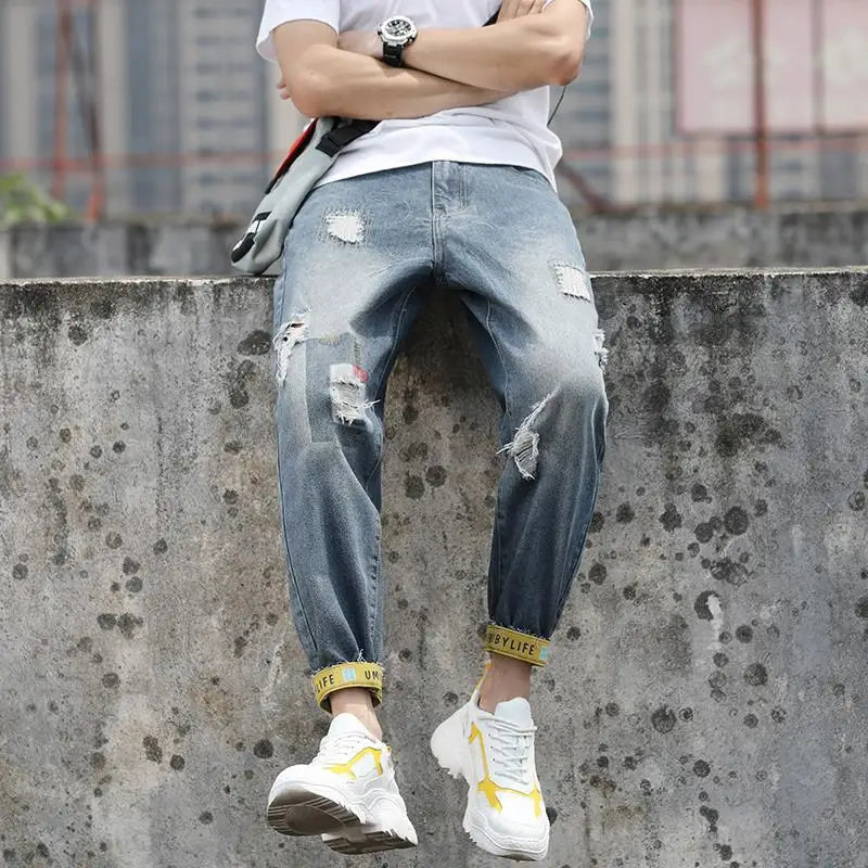 mens jeans with holes man cowboy pants cropped harem hip hop trousers 2024 korean style torn ripped broken retro classic pants vintage washed jeans
