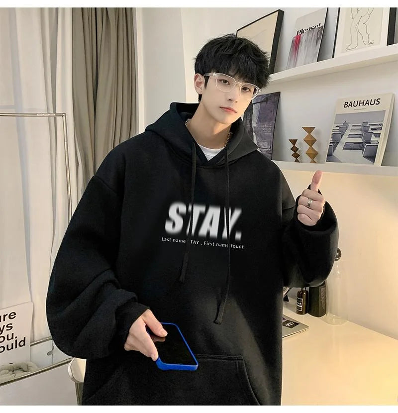 New In Letter Stay Print Sweatshirts Men Casual Vintage Fleece Pullover