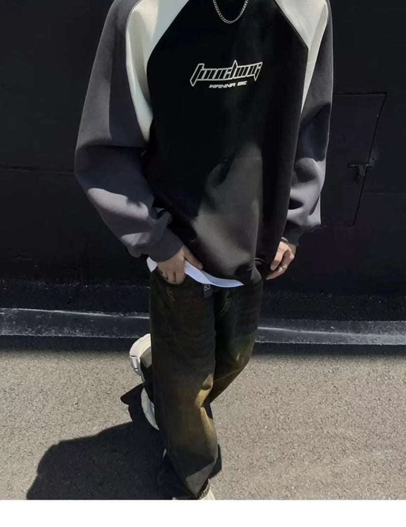 Trendy Personality Korean Motorcycle Style Round Neck Sweatshirt Men 2024 Spring Autumn Niche Contrasting Color Pullover Hot Top