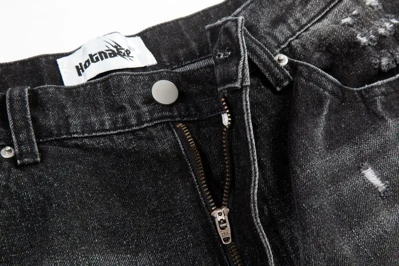 high street black washed straight jeans lowrise hip hop ripped jeans pants for men baggy vintage fashion wide denim pants women unique jeans style 5369