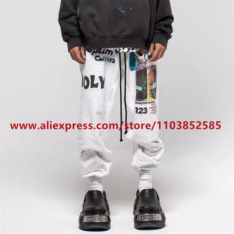 2024 autumn winter vintage casual sports pants mens letter illustration printed loose drawstring leg strap high street hip hop unique default style 1867