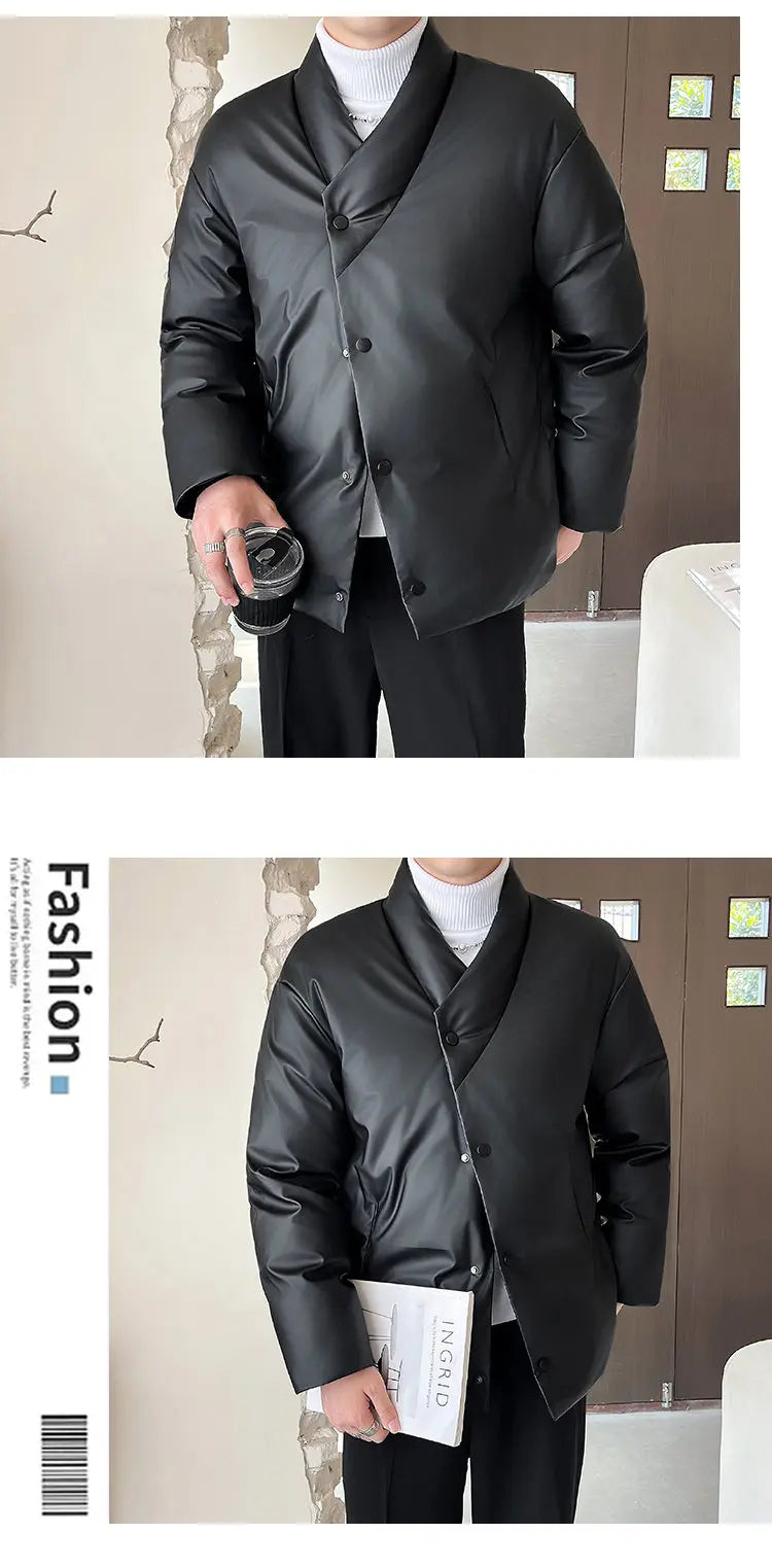 Winter Leather Jacket Men Korean Streetwear Fashion Loose Casual Business Retro Leather Padded Cotton Parkas Jacket Warm Coat