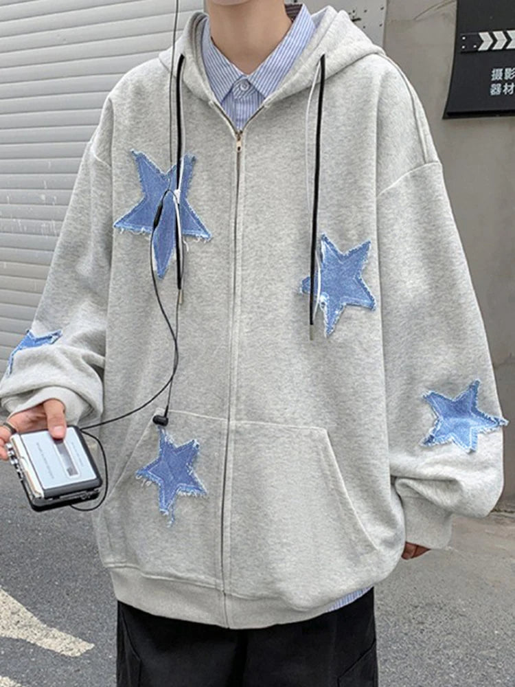 Mens Star Patch Zip Up Hoodie For Men Oversized Y2K Sweatshirt Jacket