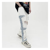 mens high street denim jean pants casual loose destroyed ripped holes straight jeans side patchwork hip hop streetwear joggers unique joggers style 2748