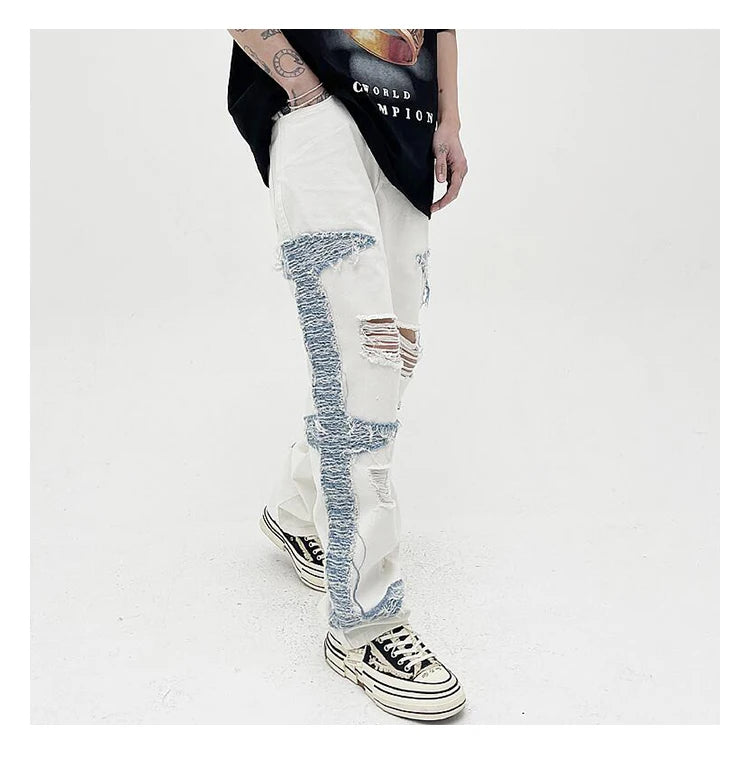 mens high street denim jean pants casual loose destroyed ripped holes straight jeans side patchwork hip hop streetwear joggers unique joggers style 2748