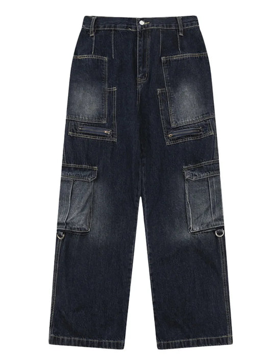 fashion punk rings streetwear loose pants unisex casual multiple pockets wide legs jean pants hip hop joggers men baggy jeans unique joggers style 1497