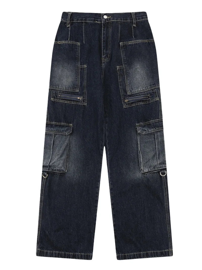 fashion punk rings streetwear loose pants unisex casual multiple pockets wide legs jean pants hip hop joggers men baggy jeans unique joggers style 1497