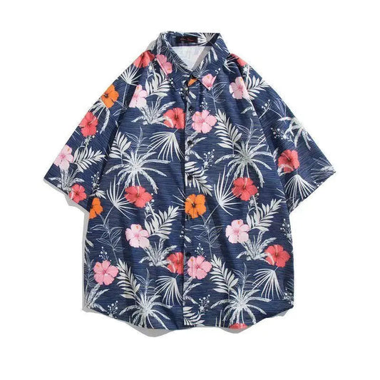 Korean summer vintage floral short-sleeved shirt for men chic Japanese style Hawaii