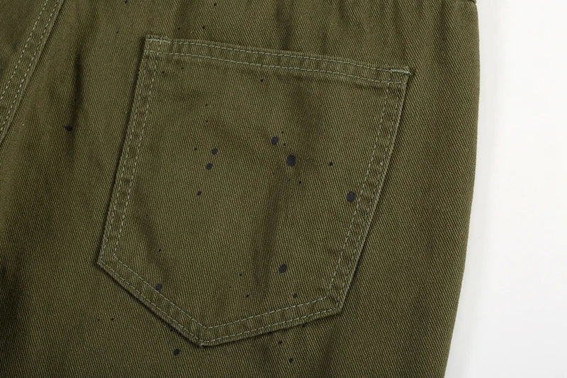 military green cargo jeans pants thin streetwear skinny micro horn ripped jeans hip hop raw edge speckle ink washed slim jeans unique cargo style 3535