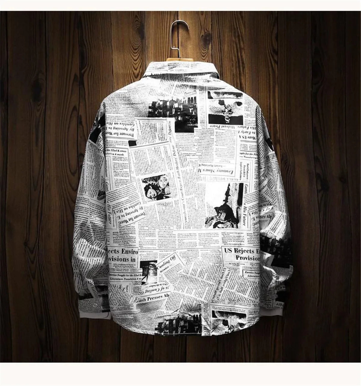 Cool Newspaper Print Shirt Men Gothic Oversize Shirts Japan Funny Shirts Long Sleeve Loose INS Tops Summer Punk Harajuku Shirt