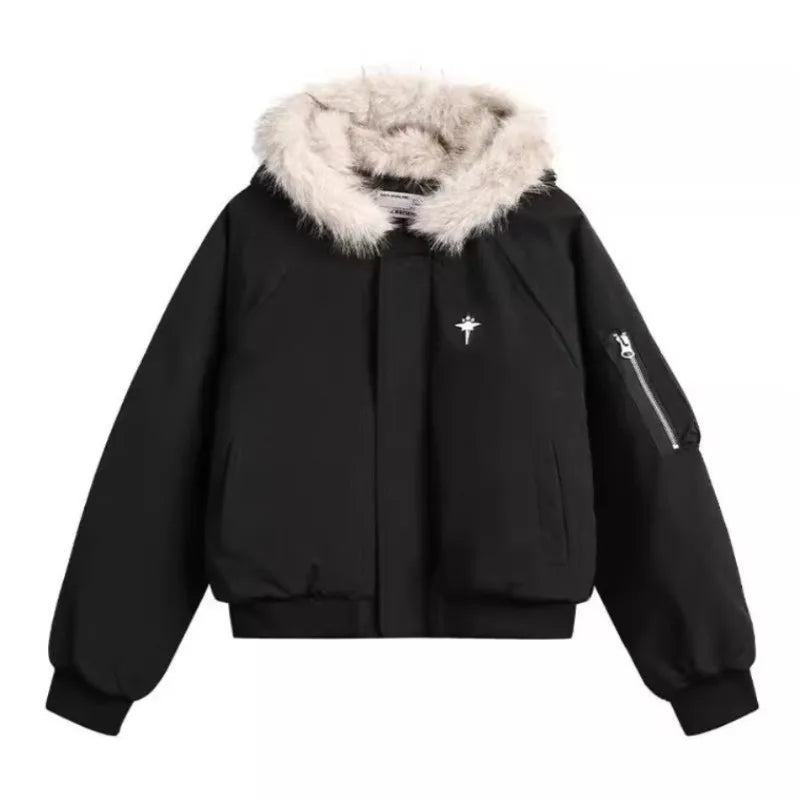Winter American Street Hooded Parkas Mens New 2024 Thickened Trendy Fur Collar Cotton Jackets Warm Zipper Pocket Fluffy Coats