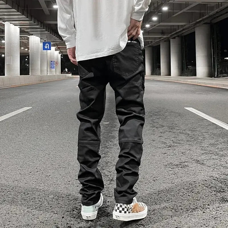 streetwear kanye slim fit feet coated black jeans pants for men pocket brushed wax tapered pants man casual cargo jeans y2k military streetwear pants