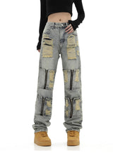 high street zipper open decoration biker jeans women ripped denim straight jean pant men motorcycle trouser unisex hip hop pants unique jeans style 3656
