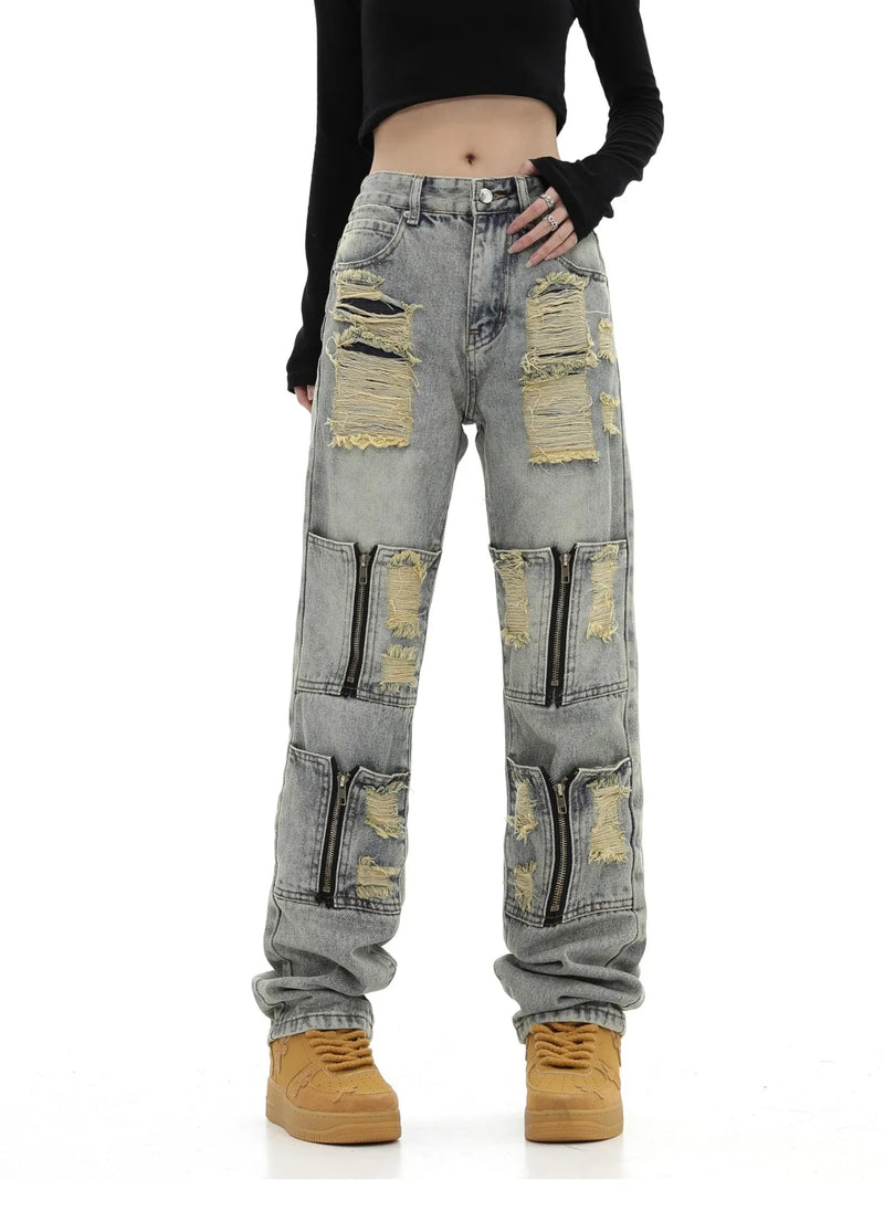 high street zipper open decoration biker jeans women ripped denim straight jean pant men motorcycle trouser unisex hip hop pants unique jeans style 3656