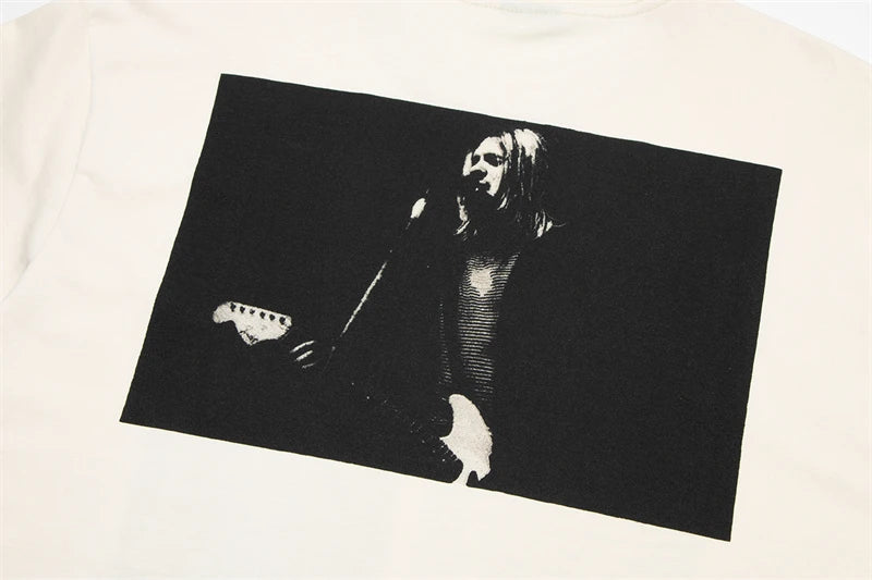 Skatercore Aesthetic print tee – Vintage Band Cobain Portrait Print Heavyweight Short Sleeve