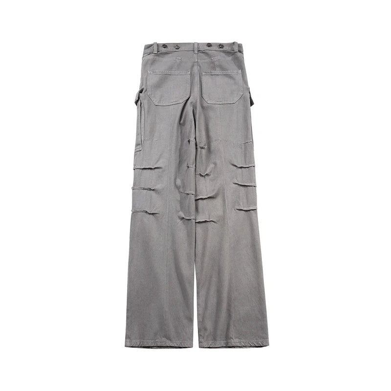 streetwear big pockets sashes pleated baggy jeans for men and women washed straight casual cargo pants oversize denim trousers unique cargo style 141
