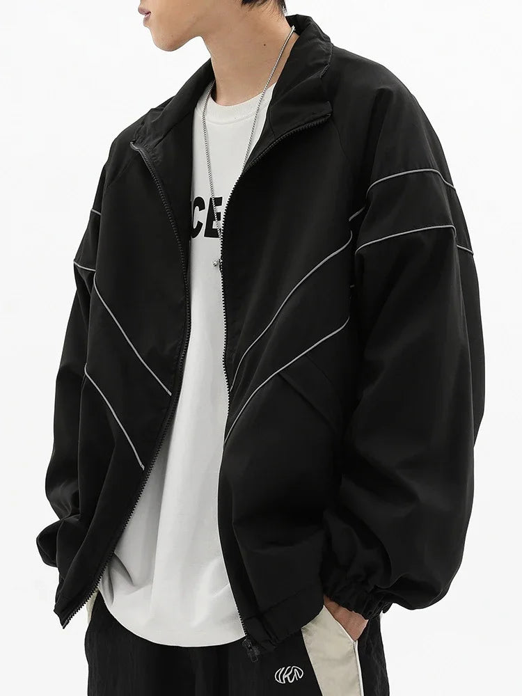 minimalist street zip-up, streetwear for men, fall streetwear outfit, oversized style, layered fashion, modern aesthetic, graphic detail