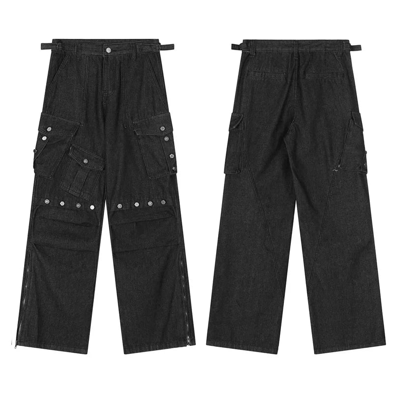 punk rivet denim jeans pants mens 2023 harajuku streetwear bottom zipper cotton casual oversize joggers straight pants trousers unique joggers style 4475