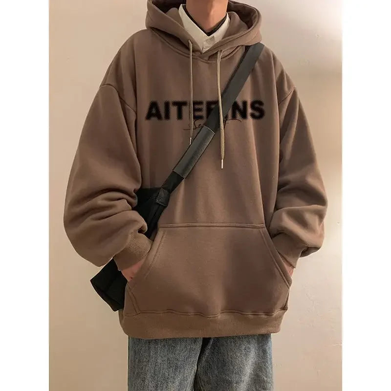 Burgundy Hooded Sweatshirt For Men 2024 Autumn And Winter New Tops Hea
