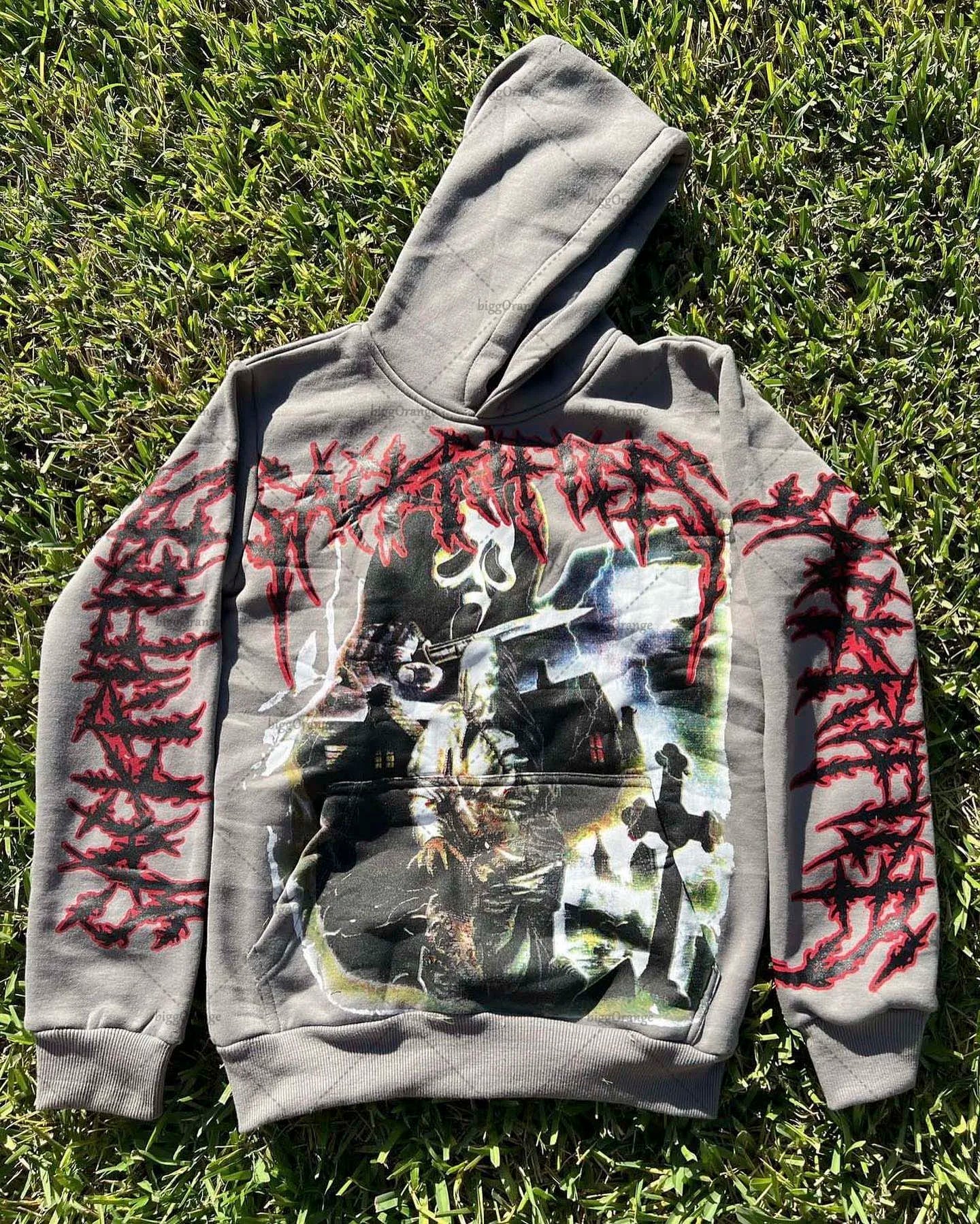 2023 New American Gothic Letter Print Oversized Hoodie Mens Y2K Retro