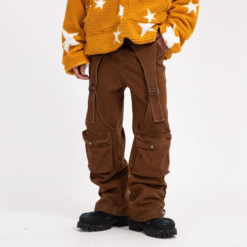2023 cool design bandage pockets vintage brown baggy men cargo jeans pants y2k hip hop women cotton long trousers pantaloni uomo baggy cargo bottoms