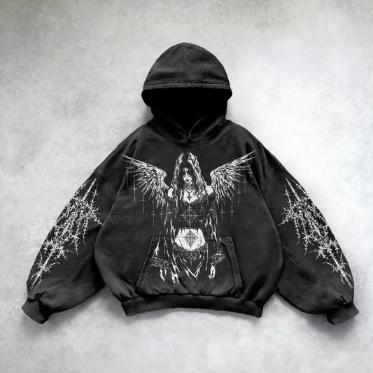 American Hip Hop Retro Pattern Print Hoodie Women Y2K New Street Casual
