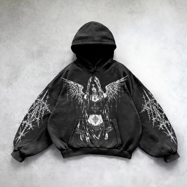 American Hip Hop Retro Pattern Print Hoodie Women Y2K New Street Casua