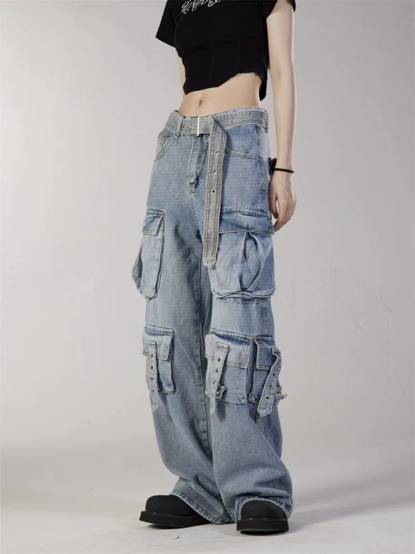 fashion loose streetwear cargo denim jeans unisex casual multi pocket straight jean pants with belt hip hop joggers baggy jeans urban active pants