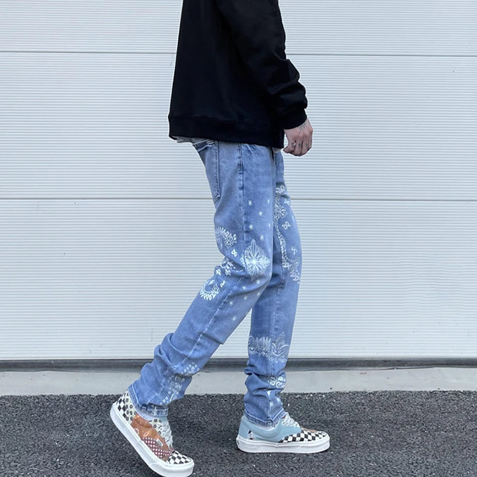 mens high street paisley print denim jeans casual hip hop distressed jeans slim fit skinny denim pants joggers streetwear men unique joggers style 1230
