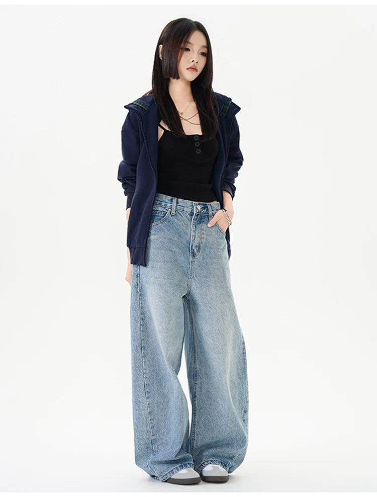 Men Women American Streetwear Vintage Washed Denim Loose Casual Wide Leg Baggy Jeans Couple Harem Jeans Trousers