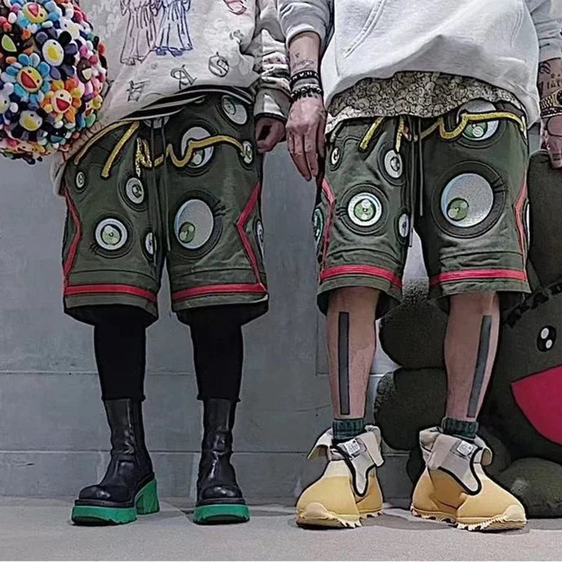Japanese Eyes Embroidery Washed Military Green Worn Canvas Shorts for Men Summer Pockets Baggy Cargo Short Oversized