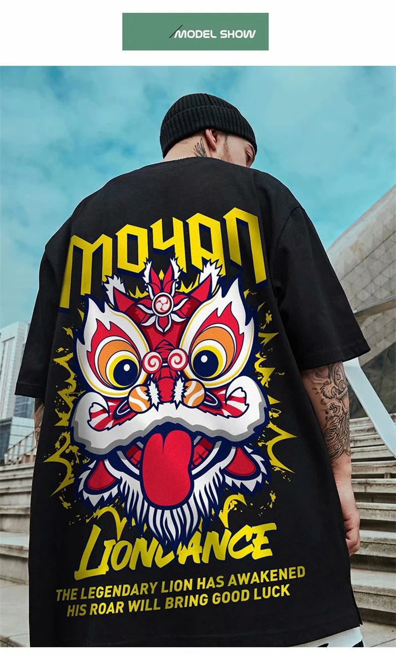 Glitchcore Angelcore design – Lion Dance Funny Graphic Men T Shirts Printed 2025 Summer Hi