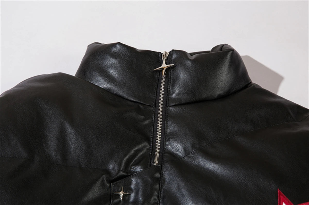 Men Waterproof Warm Jacket Winter Vintage PU Leather Parkas Embroidery Letter Thick Padded Coat Streetwear Hip Hop Loose Parka