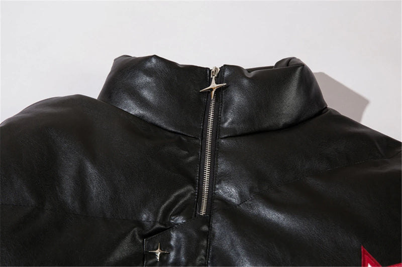 Men Waterproof Warm Jacket Winter Vintage PU Leather Parkas Embroidery Letter Thick Padded Coat Streetwear Hip Hop Loose Parka