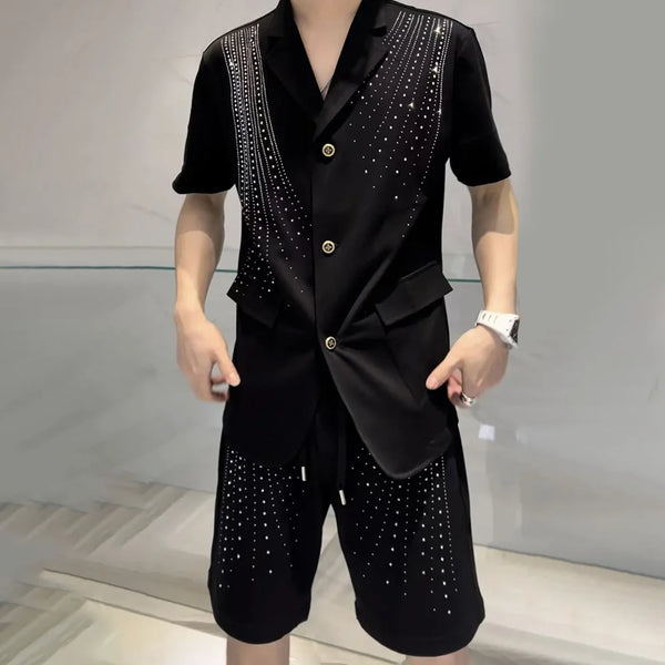 Mens Hot Flower Rhinestone Short-Sleeve Shorts Two-Piece Niche Personality Shiny Elegant British Two-Piece Suit Men'S Clothing