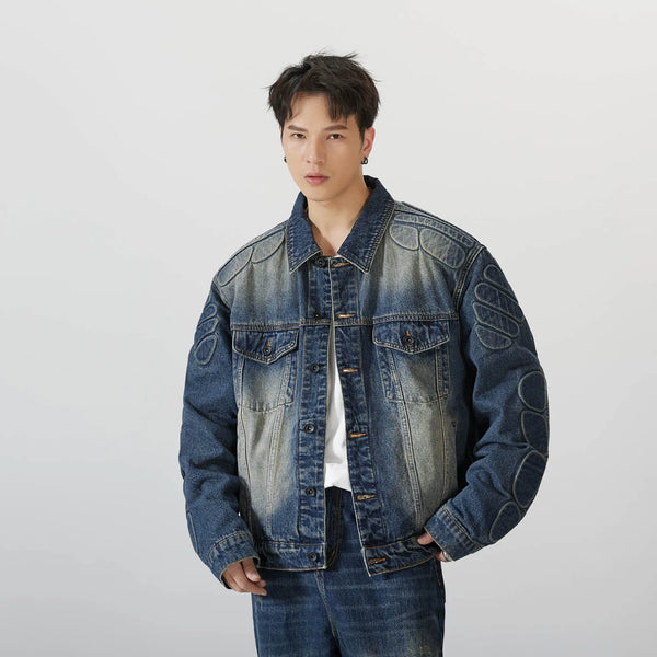 menswear fashion piece featuring 2024 spring autumn new oversized armor padded jean coat for men turtle shell ripped denim jacket for men super size clothes design – premium quality jacket for men