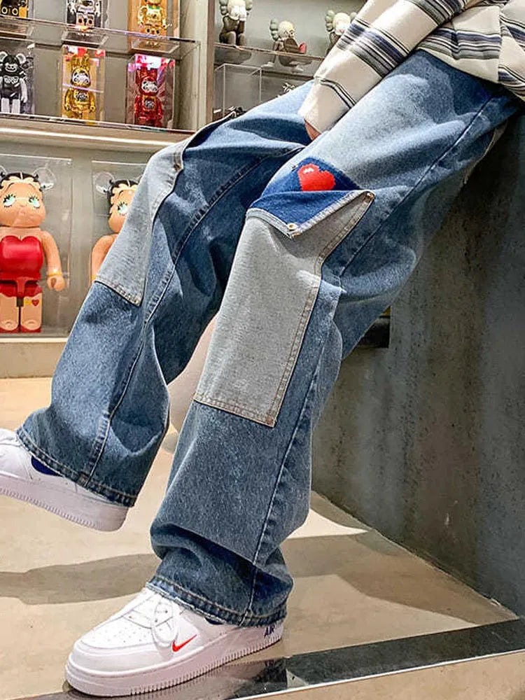 men jeans patchwork multi pocket couple denim pants beggar style cargo pants high street casual male streetwear unique cargo style 2402