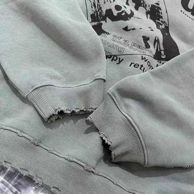 Cyber glitch hoodie with futuristic elements and metallic branding