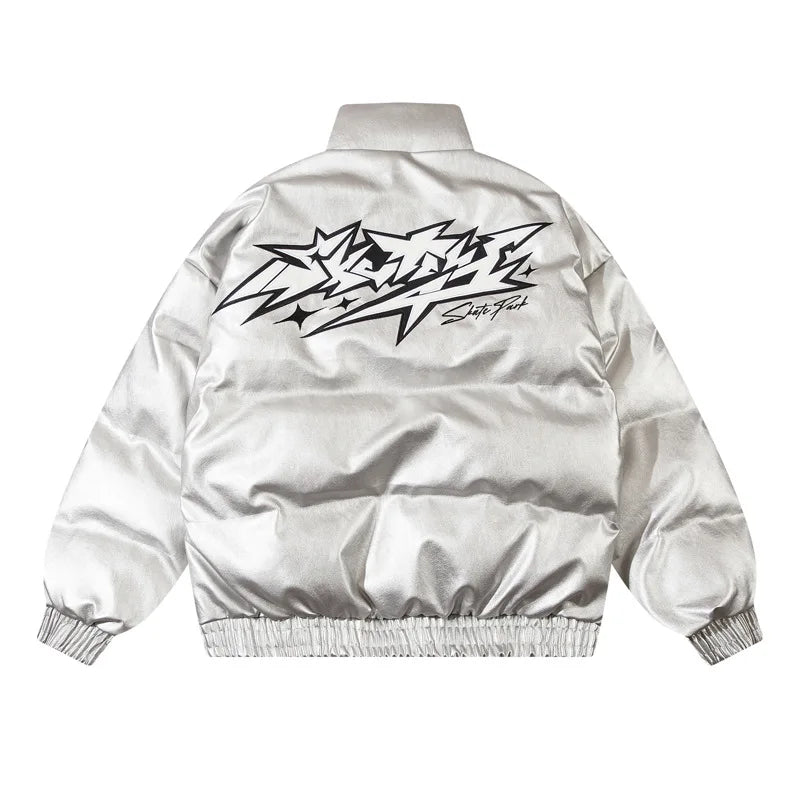 Men Waterproof Warm Jacket Winter Vintage PU Leather Parkas Embroidery Letter Thick Padded Coat Streetwear Hip Hop Loose Parka