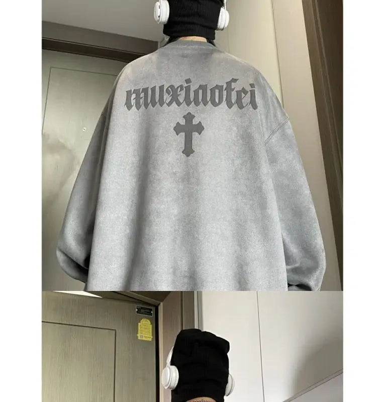 Winter Korean Trendy Suede Sweatshirt for Men in Autumn New Y2K American High Street Handsome Long-sleeved Couple Printed Top