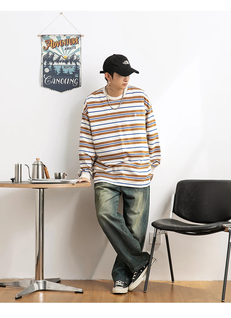 Vaporwave Oversized shirt – Embroidered Striped Contrast Round Neck Cotton Sweatshirts A