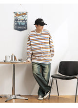 Vaporwave Oversized shirt – Embroidered Striped Contrast Round Neck Cotton Sweatshirts A