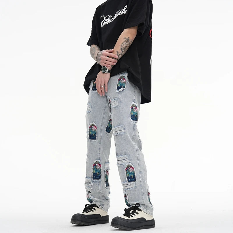 retro patch embroidered pleated jean for men street wear washed destroyed straight patchwork ripped jeans pants baggy hip hop unique jeans style 1060