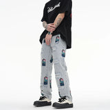 retro patch embroidered pleated jean for men street wear washed destroyed straight patchwork ripped jeans pants baggy hip hop unique jeans style 1060