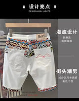 Summer New Denim Shorts Men's Stitching Embroidery Ripped Knee-length Shorts White 2024 Korean Fashion High Quality Jeans