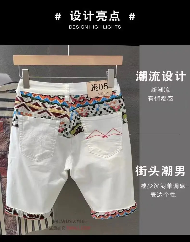 Summer New Denim Shorts Men's Stitching Embroidery Ripped Knee-length Shorts White 2024 Korean Fashion High Quality Jeans